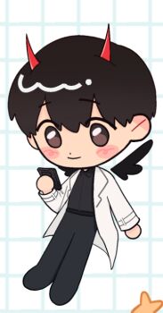 1boy black_eyes black_hair black_shirt black_wings blush chibi chibi_only coat demon_horns dokjasepilogue full_body hand_up holding holding_phone horns kim_dokja looking_at_phone male_focus mini_wings omniscient_reader&#039;s_viewpoint open_clothes open_coat phone shirt short_hair solo white_coat wings