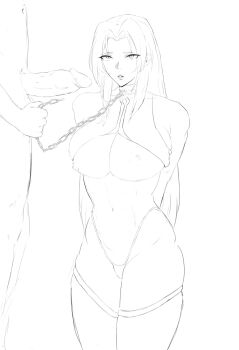 1boy 1girl arms_behind_back breasts chain collar g-string highres holding holding_chain ingrid_(taimanin_asagi) ingrid_(taimanin_murasaki) kneeling large_breasts lineart long_hair looking_up memory342 midriff monochrome nipples parted_lips penis taimanin_(series) taimanin_murasaki thighhighs thong