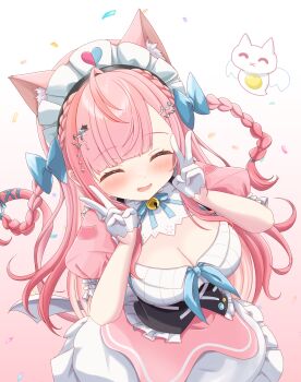 1girl absurdres ahoge animal_ears animal_print badge bell blue_bow blue_ribbon blush bow braid breasts button_badge cat_ears cat_girl cat_hair_ornament cat_print cat_tail choro_star cleavage closed_eyes confetti double_v dress extra_ears gloves gradient_hair hair_bow hair_ornament hairclip heart heart_print highres indie_virtual_youtuber jingle_bell large_breasts long_hair maid maid_headdress multicolored_hair neck_bell neck_ribbon open_mouth pink_background pink_dress pink_hair pink_tail ribbon short_sleeves smile star_(symbol) star_hair_ornament suspenders tail tail_ornament tail_ribbon two_side_up v virtual_youtuber white_background white_dress white_gloves yuuki_sakuna yuuki_sakuna_(3rd_costume)