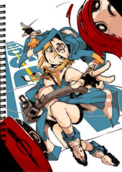1boy 2014 :d anba_saa ankle_boots arc_system_works black_gloves blonde_hair blue_boots blue_eyes blue_veil blue_vest boots bridget_(guilty_gear) button_eyes buttons character_name commentary cross cross_print dynamic_pose fingerless_gloves foot_up_heel_up foreshortening full_body gloves guilty_gear guilty_gear_xx guimpe head_tilt holding incoming_attack kneehighs latin_cross leaning_to_the_side long_sidelocks looking_at_viewer male_focus mars_symbol midair nun object_belt open_hand open_mouth outline oversized_object print_wrist_cuffs reaching reaching_towards_viewer shirt short_hair short_hair_with_long_locks sidelocks sleeveless sleeveless_shirt smile socks string throwing_yo-yo trap two-sided_veil v veil vest white_shirt white_socks white_trim white_wrist_cuffs wrist_cuffs yellow_outline yo-yo