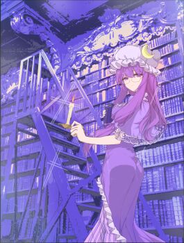 Rule 34 | 1girl, absurdres, ass, bookshelf, candle, candlestand, capelet, choker, closed mouth, commentary request, cover, cover page, crescent, crescent hat ornament, dress, frilled choker, frills, from behind, glasses, hair between eyes, hat, hat ornament, hazima 777, highres, holding, holding candlestand, indoors, long dress, looking at viewer, low-tied sidelocks, mob cap, patchouli knowledge, purple capelet, purple choker, purple dress, purple hair, purple hat, sidelocks, solo, stairs, striped clothes, striped dress, touhou, turning head, vertical-striped clothes, vertical-striped dress