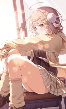 Rule 34 | 1girl, ahoge, black shirt, blush, brown hair, brown shoes, closed mouth, commentary request, drawstring, feet out of frame, green eyes, hair ornament, highres, hood, hood down, hoodie, indie virtual youtuber, knees up, long sleeves, looking at viewer, miniskirt, open clothes, open hoodie, plaid clothes, plaid skirt, pleated skirt, pom pom (clothes), pom pom hair ornament, shigure ui (vtuber), shirt, shoes, short hair, sitting, skirt, socks, solo, toki (toki ship8), virtual youtuber, white skirt, white socks
