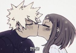 1boy 1girl bakugou_katsuki blush boku_no_hero_academia closed_eyes dimples ear_piercing hetero kiss muscular muscular_male niverins piercing turtleneck uraraka_ochako