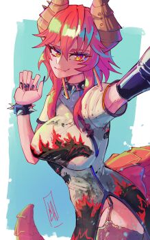 1girl absurdres black_collar black_nails boutsoftheblind breasts character_print china_dress chinese_clothes closed_mouth collar dragon_girl dragon_horns dragon_tail dress fang godzilla godzilla_(series) highres horns indie_virtual_youtuber kaiju large_breasts looking_at_viewer medium_hair nail_polish red_hair skin_fang smile solo spiked_collar spikes tail toho virtual_youtuber white_dress yellow_eyes zentreya zentreya_(dragon)