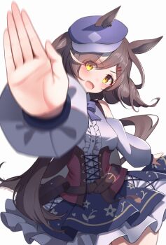 1girl absurdres animal_ears belt_bag blue_hat breasts brown_hair center_frills clothing_cutout commentary cowboy_shot ears_through_headwear frills hair_ornament hairclip hat highres horse_ears horse_girl horse_tail irasutodog long_sleeves looking_at_viewer matikanetannhauser_(panpaka_tiltott)_(umamusume) matikanetannhauser_(umamusume) newsboy_cap shoulder_cutout simple_background solo tail tilted_headwear umamusume white_background yellow_eyes