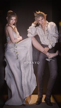 1boy 1girl 3d aerith_gainsborough against_wall alternate_costume artist_name bare_shoulders black_boots black_pants blonde_hair boots breasts brown_hair cloud_strife commentary drayqin dress english_commentary feet final_fantasy final_fantasy_vii final_fantasy_vii_remake floral_print foot_up frilled_shirt_collar frilled_sleeves frills full_body gold_trim hair_intakes high_heels highres holding_another&#039;s_ankle indoors legs looking_at_viewer pants parted_bangs sandals shadow shirt sidelocks sleeveless sleeveless_dress small_breasts stiletto_heels strappy_heels toenails toes twitter_username white_dress white_shirt