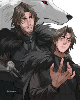 Rule 34 | 1boy, a song of ice and fire, animal, artist name, beard stubble, black cape, brown hair, cape, commentary, dire wolf, etceteraart, eyebrow cut, facial hair, fur-trimmed cape, fur trim, grey eyes, highres, jon snow, long sleeves, looking at hand, looking to the side, male focus, multiple views, red eyes, scar, scar on face, scar on hand, sheath, short hair, simple background, stubble, teeth, unsheathing, upper body, white background, white fur