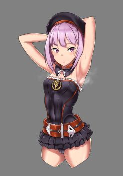 1girl armpits arms_behind_head arms_up beret black_hat black_panties breasts cameltoe commentary_request cowboy_shot cropped_legs detached_collar dress fate/grand_order fate_(series) frilled_dress frills hat helena_blavatsky_(fate) highres microdress panties purple_eyes purple_hair small_breasts smell solo strapless strapless_dress sweat tube_dress underwear yozo_(stanky)
