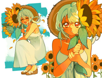 1girl :d ^_^ ahoge bare_arms blurry blush breasts closed_eyes cloud commentary_request depth_of_field dress falling_petals flower full_body hair_rings hat highres holding holding_flower large_breasts looking_at_viewer matoi_(pso2) medium_hair multiple_views open_mouth petals phantasy_star phantasy_star_online_2 platform_sandals red_eyes sandals sideboob sitwocution smile squatting straw_hat sun_hat sunflower upper_body white_dress white_hair yellow_petals