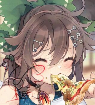 1girl ^_^ artist_logo black_choker bow brown_hair cheese choker close-up closed_eyes commentary_request double-parted_bangs eating fingernails food green_bow hair_between_eyes hair_bow hair_ornament happy logo mushroom pizza reiuji_utsuho smile solo third_eye touhou toutenkou watermark watermark_grid