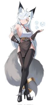 1girl ahoge animal_ears bare_shoulders belt black_boots black_nails black_skirt black_thighhighs boots breasts brown_gloves closed_mouth collared_shirt crossed_legs dice fingerless_gloves full_body gloves hair_ornament hair_over_one_eye hairclip hand_on_own_hip hand_up hanzdayo high_heel_boots high_heels highres large_tail long_hair looking_at_viewer medium_breasts miniskirt nail_polish original pelvic_curtain ribbed_shirt shirt sideboob simple_background skirt sleeveless sleeveless_shirt smile solo standing tail tail_ornament tail_ring thighhighs thighs very_long_hair watson_cross white_background white_hair white_shirt wolf_ears wolf_girl wolf_tail yellow_eyes