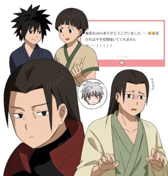 Rule 34 | 3boys, aged down, black hair, blunt bangs, bowl cut, dual persona, frown, grey hair, kena0n, long hair, male focus, marshmallow (site), multiple boys, naruto (series), naruto shippuuden, open mouth, red eyes, senju hashirama, senju tobirama, spiked hair, spoken character, translation request, uchiha madara