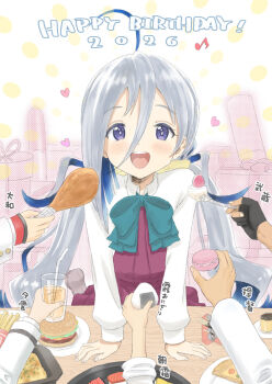 Rule 34 | 2026, admiral (kancolle), blue hair, burger, chicken (food), chicken leg, collared shirt, colored inner hair, commentary request, dress, dress shirt, drink, feeding, food, gloves, grey eyes, grey hair, halter dress, halterneck, happy birthday, highres, kantai collection, kiyoshimo (kancolle), kujira naoto, low twintails, macaron, multicolored hair, musashi (kancolle), onigiri, open mouth, partially fingerless gloves, pizza, pudding, purple dress, round teeth, shirt, solo focus, sushi, teeth, twintails, upper teeth only, white shirt, yamato (kancolle), yuugumo (kancolle)