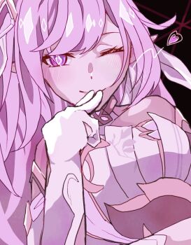 1girl ;) bare_shoulders blowing_kiss breasts commentary_request corset diamond-shaped_pupils diamond_(shape) elf elysia_(herrscher_of_human:_ego)_(honkai_impact) elysia_(honkai_impact) gloves h3_hk heart highres honkai_(series) honkai_impact_3rd large_breasts long_hair multicolored_hair one_eye_closed pink_hair pointy_ears purple_eyes scene_reference smile solo symbol-shaped_pupils two-tone_hair very_long_hair white_corset white_gloves white_hair