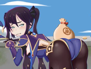 1girl ass bag black_hair blush breasts cameltoe cape detached_sleeves elbow_gloves embarrassed from_behind genshin_impact gloves green_eyes hair_ribbon highres leaning leaning_forward leotard long_hair looking_at_viewer madmex mona_(genshin_impact) money pantyhose ribbon shiny_clothes sideboob solo twintails very_long_hair wavy_mouth