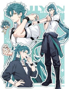 Rule 34 | 1boy, bandaid, bandaid on cheek, bandaid on face, black boots, black jacket, black pants, blowing whistle, boots, border, bracelet, character name, chest harness, chinese commentary, clothes around waist, collared shirt, commentary request, earrings, eyeliner, full body, green background, green hair, hair between eyes, hair tie, hand in own hair, hand on own hip, harness, high ponytail, highres, holding, holding hair tie, holding whistle, jacket, jacket around waist, jewelry, jiyan (wuthering waves), lace-up boots, long hair, looking at viewer, makeup, male focus, multiple views, outline, pants, partially unzipped, ponytail, red eyeliner, shirt, sleeves rolled up, stretching, tassel, tassel earrings, three-quarter sleeves, uma177, upper body, very long hair, whistle, whistle around neck, white border, white outline, white shirt, wristband, wuthering waves, yellow eyes