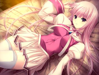 1girl bed_sheet breasts brooch francesca_arkwright game_cg jewelry large_breasts long_hair looking_at_viewer lying m&amp;m_(mickey_and_mackey) magical_witch_concerto on_back on_bed pink_hair purple_eyes skirt smile solo white_skirt