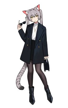 1girl absurdres animal_ears black_boots black_skirt boots brown_bag brown_pantyhose cat_ears cat_girl cat_tail closed_mouth full_body go!_go!_gris! grey_hair grey_nails hair_between_eyes hair_intakes high_heel_boots high_heels highres jewelry long_hair long_sleeves looking_at_viewer necklace pantyhose ribbed_sweater simple_background skirt solo sweater tail twintails vertigris viska_(go!_go!_gris!) white_background white_sweater yellow_eyes
