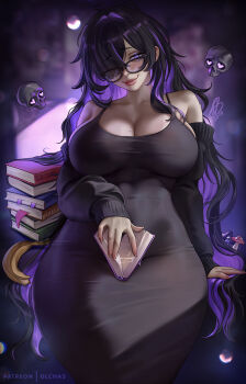 1girl banana black_dress black_hair book breasts cleavage colored_inner_hair dress floating_skull food fruit glasses goddess_of_victory:_nikke hair_over_one_eye highres holding holding_book label_(nikke) large_breasts long_hair looking_at_viewer mole mole_on_breast multicolored_hair mushroom olchas pile_of_books purple_eyes purple_hair purple_streaks sexually_suggestive solo streaked_hair taut_clothes taut_dress two-tone_hair very_long_hair