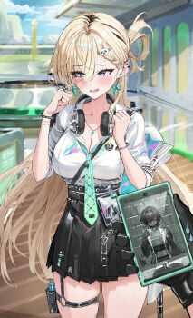 1boy 1girl aqua_necktie black_skirt blonde_hair blue_eyes blush braid braided_bangs breasts cellphone cleavage commentary earrings embarrassed hair_between_eyes hair_ornament hand_up headphones headphones_around_neck highres holding holding_phone id_card jacket jewelry lawless_zone_mercenary_(wuthering_waves) long_hair looking_to_the_side lynae_(wuthering_waves) male_rover_(wuthering_waves) medium_breasts necktie open_mouth phone pov pov_hands rover_(wuthering_waves) selfie shirt shirt_tucked_in skirt skull_hair_ornament smartphone solo_focus sonchi star_(symbol) star_earrings symbol-only_commentary white_jacket white_shirt wuthering_waves