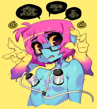 Rule 34 | 1girl, absurdres, blue skin, colored sclera, colored skin, commentary, cteno (slugbox), english commentary, english text, glasses, head arms, highres, milking machine, nude, original, pink hair, semi-rimless eyewear, short hair, simple background, slugbox, snout, solo, under-rim eyewear, yellow sclera