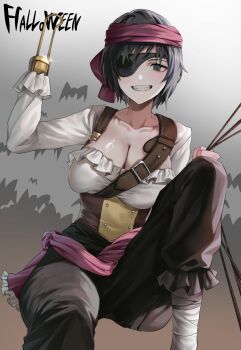 1girl amputee black_eyes black_hair black_pants breasts chainsaw_man cleavage eyepatch grin headband highres himeno_(chainsaw_man) knee_up large_breasts nakajima_(user111860274) pants pirate_costume purple_headband shoulder_belt smile solo teeth