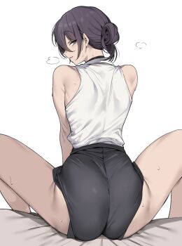 1girl ass bare_shoulders chainsaw_man choker female_focus green_eyes hair_bun highres looking_back medium_hair purple_hair reze_(chainsaw_man) short_shorts shorts simple_background sitting spread_legs steam sweat thighs urec white_background