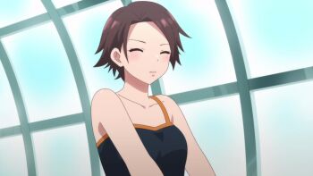 &gt;_&lt; 2girls animated anime_screenshot armpits arms_behind_head arms_up ass black_hair black_one-piece_swimsuit blunt_bangs breasts brown_hair closed_eyes collarbone competition_swimsuit crossed_arms grabbing_another&#039;s_breast gradient_hair groping highres large_breasts looking_at_breasts multicolored_hair multiple_girls one-piece_swimsuit one_eye_closed orange_eyes purple_eyes purple_hair sawaranaide_kotesashi-kun short_hair sound sumiyoshi_izumi swimsuit tagme two-tone_hair video