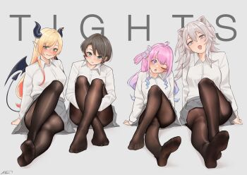 4girls absurdres aiharararara animal_ears black_hair black_horns black_pantyhose black_tail blonde_hair blue_eyes blush breasts closed_mouth commentary_request demon_girl demon_horns demon_tail demon_wings duplicate english_text feet foot_focus foreshortening full_body grey_skirt highres himemori_luna hololive horns legs lion_ears lion_girl long_hair multiple_girls nail_polish no_shoes oozora_subaru open_mouth pantyhose pink_hair presenting_foot purple_eyes shirt shishiro_botan short_hair sitting skirt soles subachocolunatan_(hololive) tail toenail_polish toenails toes virtual_youtuber white_shirt wings yuzuki_choco
