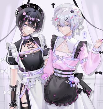 Rule 34 | 2boys, apron, belt, belt buckle, black apron, black dress, black eyes, black hair, black hat, buckle, choker, closed mouth, commentary, corset piercing, cowboy shot, cross, cross hair ornament, double-parted bangs, dress, hair ornament, hairclip, hand up, hat, heterochromia, highres, latin cross, long sleeves, looking at viewer, male focus, multiple boys, original, pink dress, puffy short sleeves, puffy sleeves, purple belt, purple choker, purple eyes, saga666, short hair, short sleeves, spiked choker, spikes, symbol-only commentary, tongue, tongue out, waist apron, white background, white hair, white hat