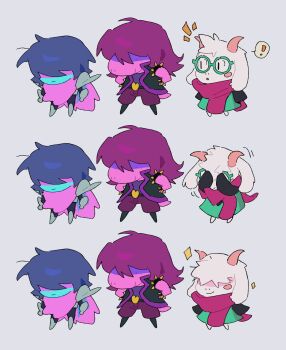 1boy 1girl 1other :o abcdefz_7 animal_ears blue_hair blue_skin cape chibi chibi_only colored_skin covered_eyes covering_own_eyes deltarune dress full_body furry furry_female furry_male glasses goat_boy goat_ears goat_horns green_dress hair_over_eyes highres horns kris_(dark_world)_(deltarune) kris_(deltarune) multiple_views notice_lines open_mouth pants pink_cape pink_scarf pink_skin purple_hair purple_pants ralsei round_eyewear scarf sequential shaded_face short_hair smile standing susie_(dark_world)_(deltarune) susie_(deltarune) utdr_(toby_fox) |_|