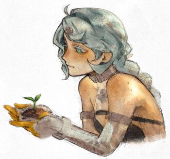 Rule 34 | 1girl, bare shoulders, blue eyes, blue hair, braid, braided ponytail, closed mouth, clothing cutout, cropped torso, detached sleeves, flower hairpin, from side, gloves, hair ornament, hairpin, hashtag-only commentary, holding, holding plant, long hair, mole, mole on shoulder, plant, qurravis, see-through dress layer, seed (zenless zone zero), side cutout, simple background, solo, sprout, tears, upper body, white background, white gloves, zenless zone zero