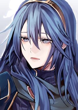 1girl armor blue_cape blue_eyes blue_hair blue_sweater cape commentary_request fire_emblem fire_emblem_awakening hair_between_eyes highres looking_at_viewer lower_teeth_only lucina_(fire_emblem) nintendo open_mouth pauldrons ribbed_sweater shoulder_armor simple_background solo sweater teeth tiara tsujii_luki turtleneck turtleneck_sweater white_background