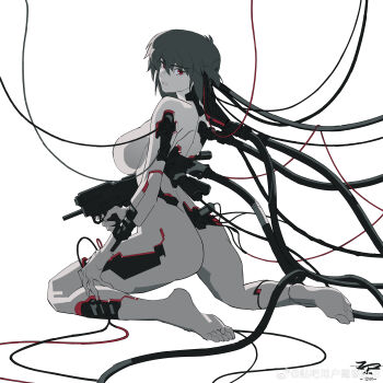 1girl absurdres breasts bullpup cyborg ghost_in_the_shell gun highres kusanagi_motoko large_breasts nude sideboob solo tomafumi weapon