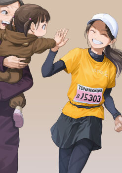 3girls :d animal_hood black_pantyhose black_shorts brown_hair child closed_eyes commentary_request high_five highres hood hood_down looking_at_another mother_and_daughter multiple_girls open_mouth original otsu_natsu pantyhose ponytail shirt short_twintails shorts smile sportswear t-shirt twintails