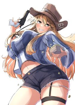 1girl absurdres blonde_hair blue_eyes blue_shorts blush breasts brown_hat commentary_request cowboy_hat cowboy_shot cowgirl_(western) cutoffs denim denim_shorts grin gun handgun hat highres holding holding_gun holding_weapon iowa_(kancolle) iowa_(setsubun)_(kancolle) kantai_collection kurage_ituki large_breasts long_hair looking_at_viewer masu navel official_alternate_costume revolver setsubun shirt shorts simple_background smile solo star-shaped_pupils star_(symbol) striped_clothes striped_shirt symbol-shaped_pupils thigh_strap weapon white_background