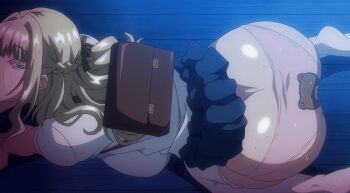 1boy 1girl 2022 20s all_fours animal_print animated animated_gif anime_screenshot ass back-print_panties backpack bag bear_panties bear_print breasts censored colored_eyelashes fellatio green_eyes huge_ass kindergarten_uniform large_breasts louisa_richter_(seika_jogakuin_kounin_sao_ojisan) mosaic_censoring oral panties pink_panties pleated_skirt plump print_panties randoseru seika_jogakuin_kounin_sao_ojisan skirt thighhighs undersized_clothes underwear white_thighhighs