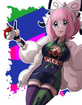 1girl absurdres asymmetrical_legwear bow breasts cleavage collarbone collared_shirt drill_hair drill_sidelocks dynamax_band eyeshadow flipped_hair fur_jacket hair_bow hairband highres jacket klara_(pokemon) makeup medium_breasts mismatched_thighhighs mole mole_under_mouth mumiro nintendo pink_eyeshadow pink_hair pink_lips pokemon pokemon_swsh print_shirt print_shorts purple_eyes shirt short_hair shorts side_slit side_slit_shorts sidelocks smile solo two-tone_shirt two-tone_shorts two-tone_thighhighs white_bow white_hairband
