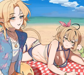 2girls addendium aqua_eyes beach bikini blonde_hair blue_bikini blue_shirt breasts cleavage cloud cowboy_shot day dokibird dokibird_(summer) dooby dooby_(summer) dragoon_(dokibird) earrings green_eyes hawaiian_shirt highres horizon indie_virtual_youtuber jewelry looking_at_viewer lying medium_breasts medium_hair multiple_girls navel necklace ocean on_side open_clothes open_shirt orange_shorts outdoors pointy_ears ponytail sand shirt shorts side_ponytail sky smile string_bikini swimsuit tail virtual_youtuber white_shirt