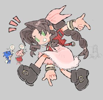 2boys 2girls aerith_gainsborough amy_rose braid brown_hair crossover dress final_fantasy final_fantasy_vii green_eyes grey_background highres jacket long_hair mmmckayyy multiple_boys multiple_girls pink_dress red_jacket sephiroth simple_background solo_focus sonic_(series) sonic_adventure sonic_adventure_pose sonic_the_hedgehog