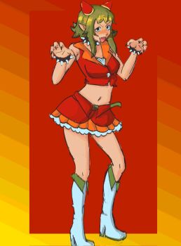 Rule 34 | 1girl, alternate costume, black collar, black eyes, boots, choker, collar, commission, crop top, dress, fang, frilled dress, frills, green hair, gumi, hatsuno, horns, jacket, looking at viewer, midriff, navel, open mouth, orange trim, pointy ears, red background, red jacket, red skirt, short hair, skirt, skull, solo, spiked choker, spiked wristband, spikes, third-party source, vocaloid, white boots, wristband