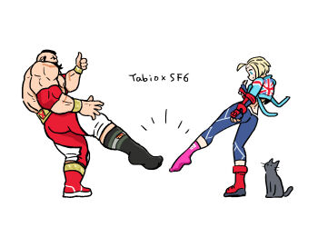 1boy 1girl absurdres ahoge beard blonde_hair cammy_white cat cropped_jacket facial_hair fingerless_gloves gameplay_mechanics gloves highres kangyaku mohawk muscular muscular_male pants socks street_fighter street_fighter_6 wrestler yoga_pants zangief