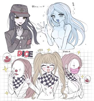 1boy 4girls androgynous armband bandaged_hand bandages black_hair black_mask blush brother_and_sister brown_hair closed_eyes clown_mask commentary cropped_torso danganronpa_(series) danganronpa_v3:_killing_harmony dice_members_(danganronpa) eyelashes gakuran ghost grid_background highres jacket long_hair long_sleeves mask mmr_0x multiple_girls nude open_mouth red_armband red_lips school_uniform shinguji_korekiyo shinguji_korekiyo's_sister short_hair siblings smile sparkle twintails twitter_username waving yellow_eyes