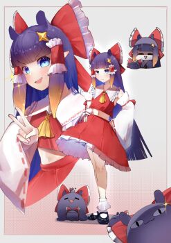 1girl absurdres ascot black_shoes blue_eyes blunt_bangs blunt_ends border bow commentary contrapposto cosplay cropped_shirt detached_sleeves english_commentary frilled_hair_tubes frilled_shirt frilled_skirt frills gradient_background gradient_hair hair_bow hair_ornament hair_tubes hakurei_reimu hakurei_reimu_(cosplay) hands_on_own_hips highres hololive hololive_english long_hair looking_at_viewer mary_janes midriff multicolored_hair multiple_views navel ninomae_ina'nis open_mouth orange_hair outside_border pointy_ears polka_dot polka_dot_background purple_hair rametkup red_background red_bow red_shirt red_skirt shaded_face shirt shoes sidelocks skirt smile socks sparkle sparkle_hair_ornament standing takodachi_(ninomae_ina'nis) tentacle_hair touhou v very_long_hair virtual_youtuber white_background white_border white_sleeves white_socks yellow_ascot