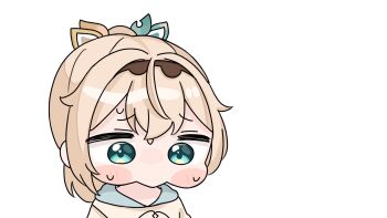 1girl blonde_hair blue_eyes blush_stickers brown_hoodie chibi finger_touching hair_between_eyes hands_up highres hololive hood hood_down hoodie kazama_iroha long_hair mochimiko ponytail simple_background solo sweat upper_body virtual_youtuber white_background yurie_mouth