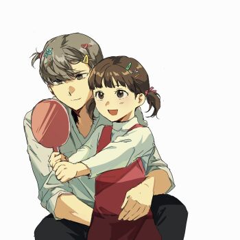 1boy 1girl :d arm_around_back black_eyes black_pants brother_and_sister brown_hair child choppy_bangs co9lzw doujima_nanako dress dress_over_shirt grey_eyes grey_hair hair_ornament hair_ribbon hairclip highres holding holding_mirror long_sleeves mirror multiple_hair_clips narukami_yu open_mouth pants persona persona_4 persona_4_the_golden red_dress ribbon shirt short_twintails siblings smile twintails white_shirt