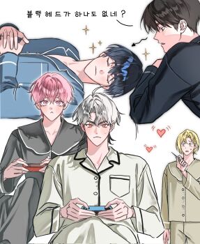 5boys ahoge amo_0202 arrow_(symbol) bamby_(plave) black_hair blonde_hair blue_hair blue_pajamas brown_pajamas closed_eyes closed_mouth eunho_(plave) grey_hair grey_pajamas hair_between_eyes hamin_(plave) handheld_game_console heart highres holding holding_handheld_game_console k-pop long_sleeves looking_at_another looking_at_viewer lying multiple_boys noah_(plave) on_back own_hands_together pajamas pink_eyes pink_hair plave short_hair simple_background translation_request white_background yejun_(plave)