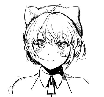 1girl aogiri_koukou bandaid bandaid_on_cheek bandaid_on_face beret blush closed_mouth collared_shirt commentary_request greyscale hat monochrome ooshiro_mashiro portrait sadahiro_(chicken_nugget_gyuuniku_aji) shirt short_hair simple_background sleeveless sleeveless_shirt smile solo