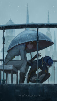 2boys absurdres bench black_coat black_footwear black_gloves black_hair black_pants blue_theme brown_hair clock clock_tower coat code_geass cyanpears gloves grey_sky hands_on_own_head highres holding holding_umbrella jacket kururugi_suzaku lelouch_vi_britannia looking_at_another male_focus multiple_boys outdoors overcast pants rain short_hair sitting sky squatting tower umbrella white_jacket white_pants