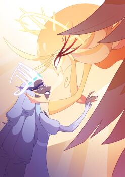 2girls absurdly_long_hair angel angel_wings beak bird_girl blonde_hair commentary dress english_commentary furry furry_female glowing glowing_eyes halo hazbin_hotel hellaverse highres long_hair multiple_girls omotimoti820 sera_(hazbin_hotel) speaker_of_god_(hazbin_hotel) very_long_hair white_dress white_hair wings